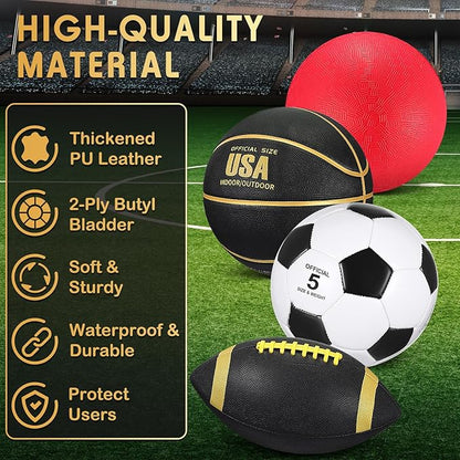 Deekin 8 Pcs Sports Balls Set for Adult Assorted Football Basketball Soccer Playground Balls Official Size with Bags Pumps Outdoor Sports Equipment Athletic Gift