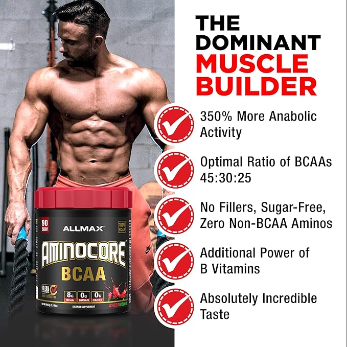 ALLMAX Nutrition AMINOCORE BCAA Powder, 8.18 Grams of Amino Acids, Intra and Post Workout Recovery Drink, Gluten Free, Watermelon, 945 g