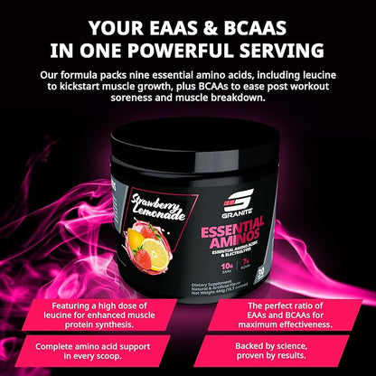 Granite Essential Amino Acids Powder for Muscle Recovery and Growth with 10g EAAs and 7g BCAAs - Soy-Free, Gluten-Free, 448g (30 Servings), Strawberry Lemonade