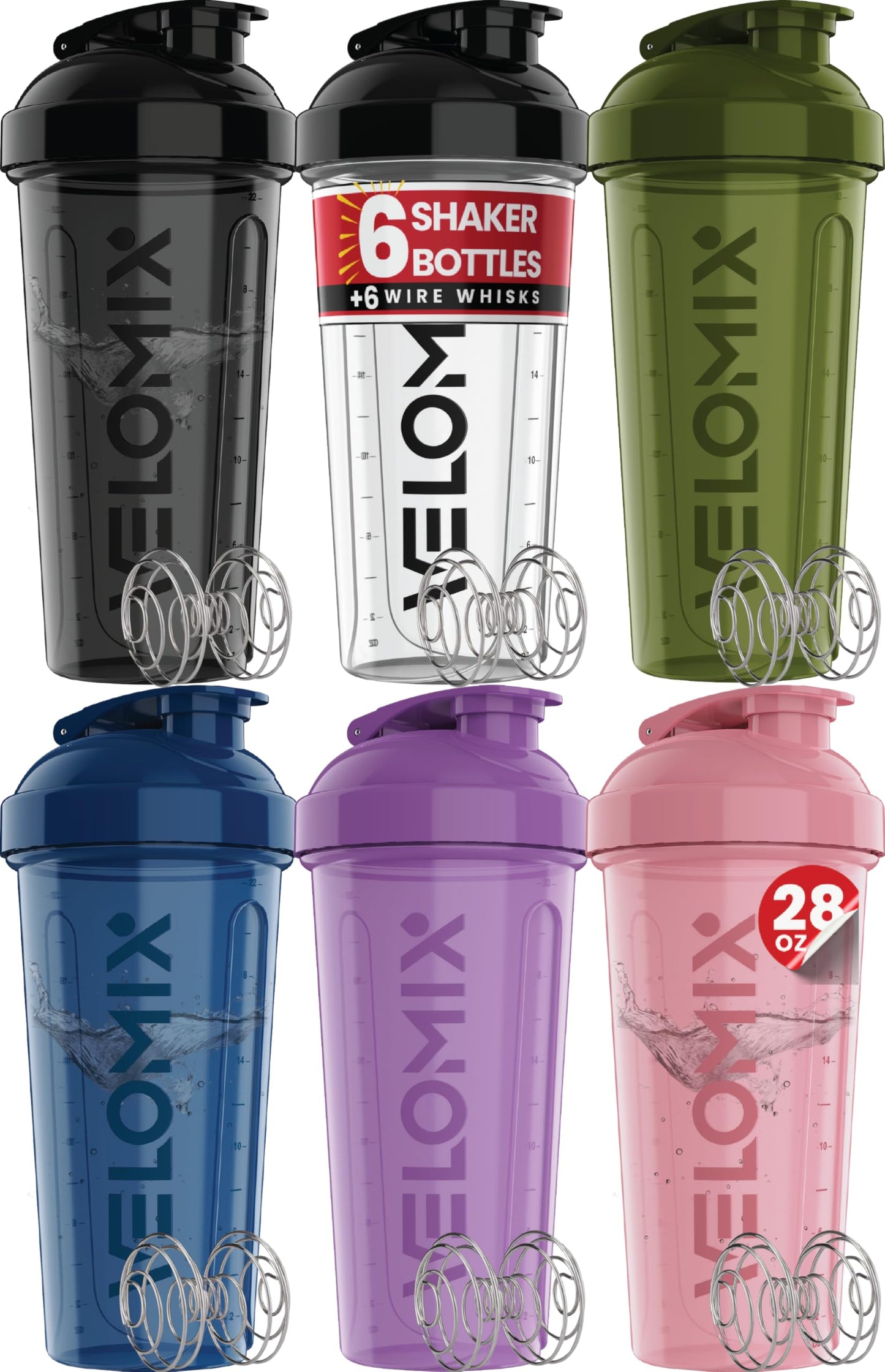 VELOMIX 6 Pack 28oz Shaker Cups for Protein Shakes, Blacks to Transparent