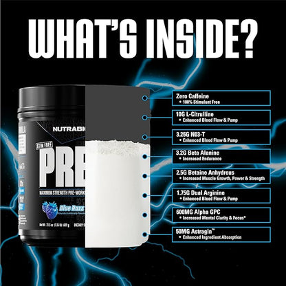 NutraBio STIM-Free PRE Workout for Men, New Formula | Laser Focus, Extreme Pumps | Performance, Endurance | 10g Citrulline, Beta Alanine, Nitrates, Nootropics, Electrolytes - 20 Servings Blue Razz
