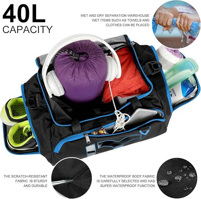 Sports Gym Bag，INOXTO Travel Duffel Bag with Dry Wet Pocket And Shoe CompartmentFor Women and Men，40L/55L Fitness Waterproof Weekender Bag For Swim Sports Travel Working Out (Black blue, 40L)