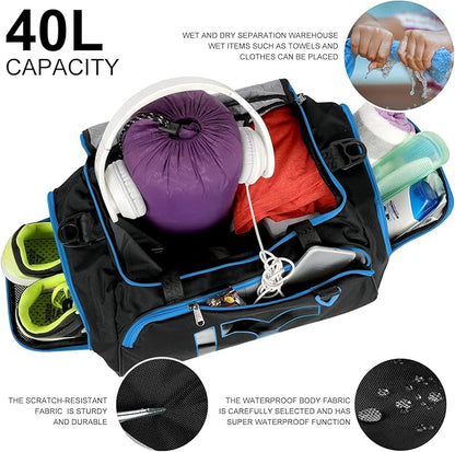 Sports Gym Bag，INOXTO Travel Duffel Bag with Dry Wet Pocket And Shoe CompartmentFor Women and Men，40L/55L Fitness Waterproof Weekender Bag For Swim Sports Travel Working Out (Black blue, 40L)