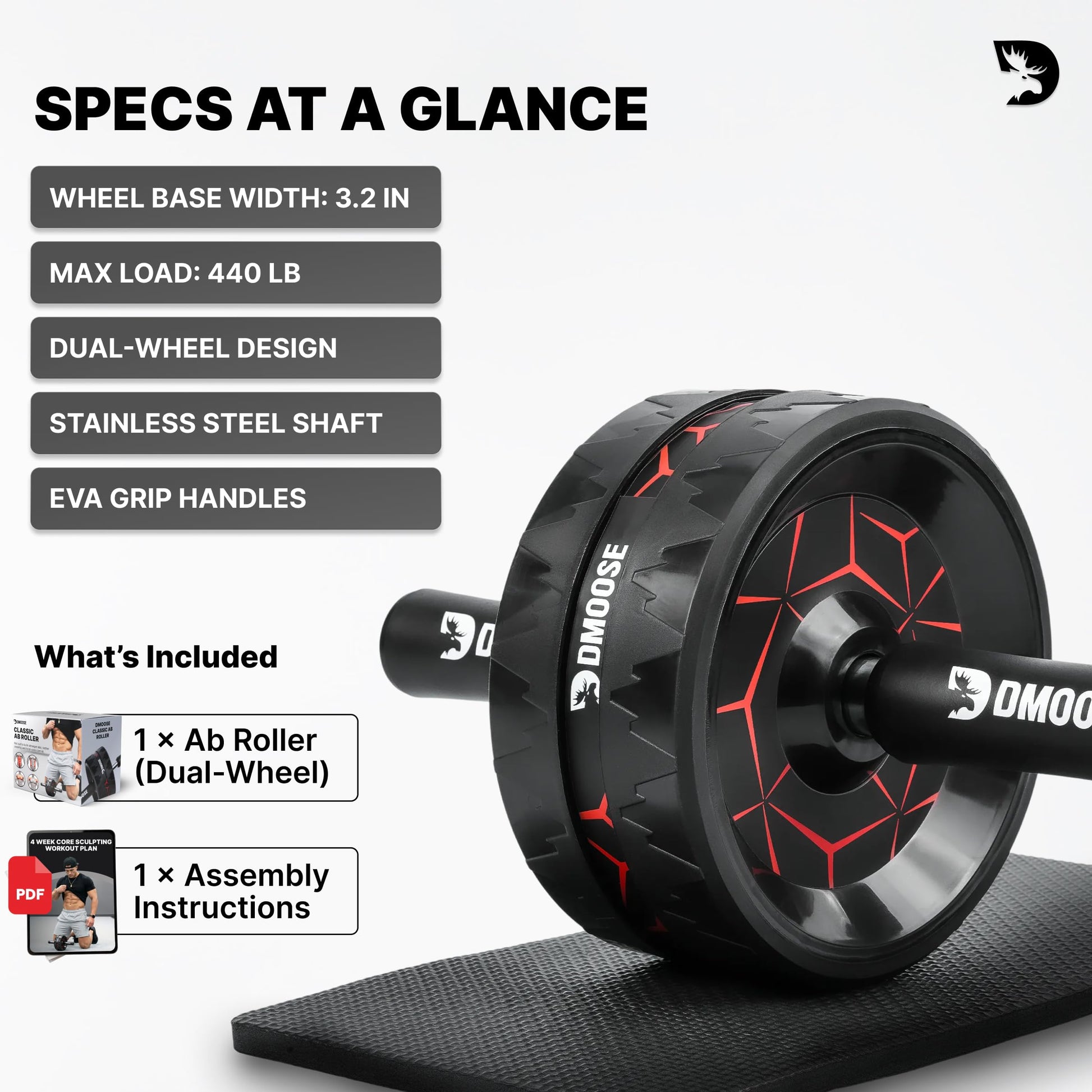 DMoose Fitness Ab Roller Wheel for Core Strength Training - 3.2 Inch Dual-Wheel Ab Wheel Roller
