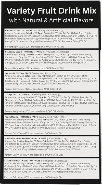 High Protein Fruit Flavored Powder Drink Mix, 15g Protein, Low Calorie, Sugar Free, Ideal Protein Compatible, 7 Servings Per Box (Variety Pack)