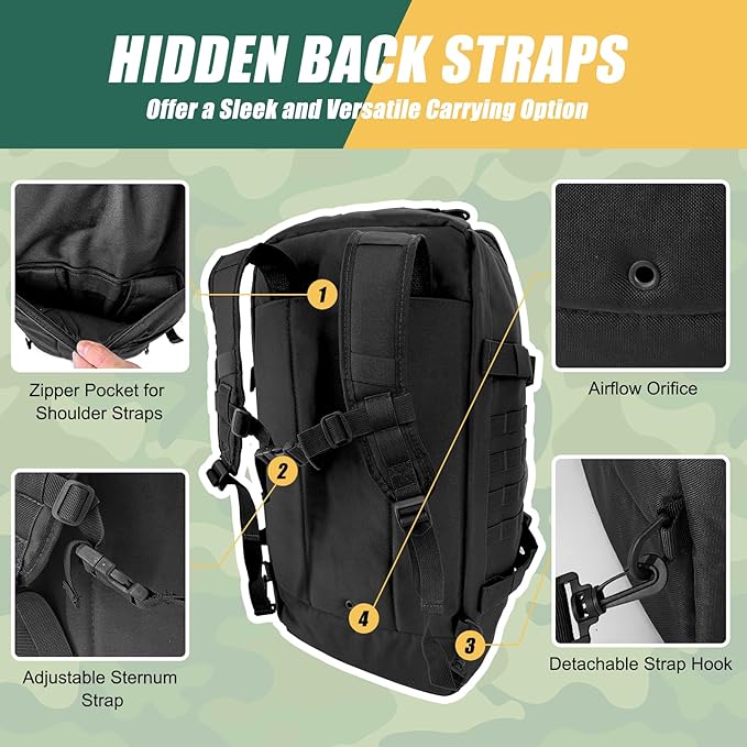 55L Large Travel Gym Duffle Bag Military Tactical Backpack, Army Pack 3 Day Bug Out Bag Rucksack for Outdoor Sport Hiking Camping with Molle System, Black