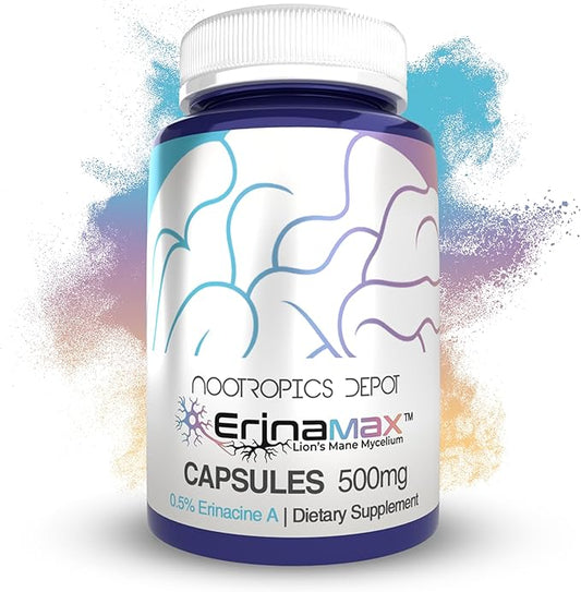 Nootropics Depot Erinamax Lion's Mane 500mg Capsules | Liquid Culture Mycelium | 2.5mg Erinacine A