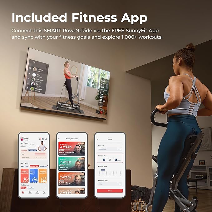 Sunny Health & Fitness Row-N-Ride PRO, Full Body Combo Squat Machine w/Optional Resistance Band, Easy Setup Ab Workout Exercise Equipment for Home, Whole Body Cardio, Optional SunnyFit App Connection