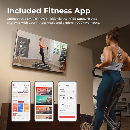 Sunny Health & Fitness Row-N-Ride PRO, Full Body Combo Squat Machine w/Optional Resistance Band, Easy Setup Ab Workout Exercise Equipment for Home, Whole Body Cardio, Optional SunnyFit App Connection