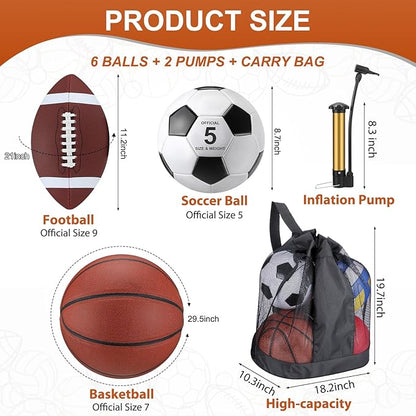 Sratte 6 Pcs Sports Balls Set for Kids Teens Adults Official Size Football Soccer Basketball with Pump Sports Equipment Bag for Youth Training Practice Gift Back to School