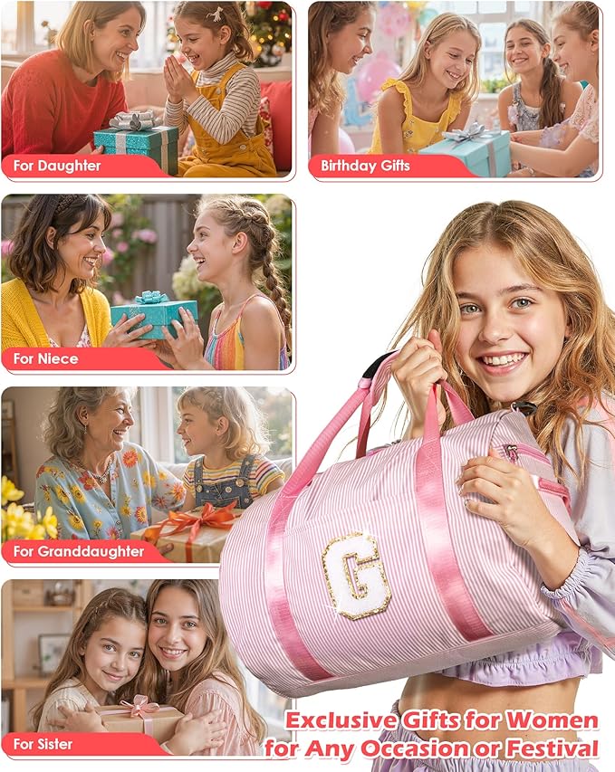 Teen Girls Gifts Trendy Stuff, Girl Gym Bag, Kids Initial Overnight Duffel Bags with Shoe Compartment, Personalized Travel Bag with Makeup Pouch, Pink Gift for Niece (Letter C)
