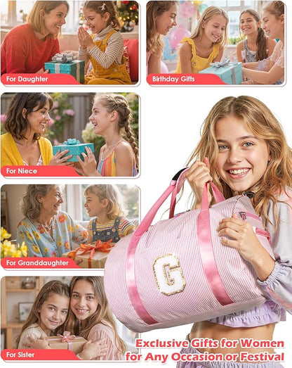 Teen Girls Gifts Trendy Stuff, Girl Gym Bag, Kids Initial Overnight Duffel Bags with Shoe Compartment, Personalized Travel Bag with Makeup Pouch, Pink Gift for Niece (Letter C)