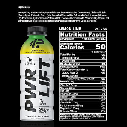 Whey Protein Water Sports Drink by PWR LIFT | Lemon Lime | Keto, Vitamin B, Electrolytes, Zero Sugar | Post-Workout Energy Beverage | 16.9 Fl Oz (Pack of 12)
