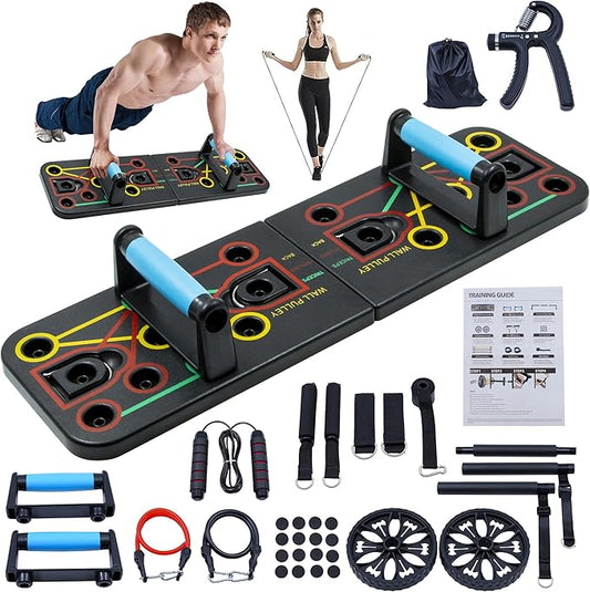 Push-up board, home gym, portable fitness equipment, Pilates bar, and 20 fitness accessories, including resistance bands and an ab wheel, for full-body workouts at home
