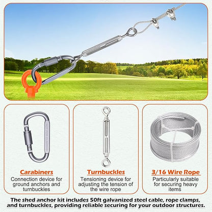 4 Pcs 18" Fully Welded Ground Anchors Shed Anchors Kit with 1/8" Galvanized Cable & Turnbuckles & Carabiners, Heavy Duty Earth Anchors for Sheds Trees Trampoline Greenhouse Swing Set Tent (Orange)