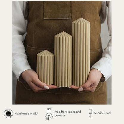 LAWA Ribbed Peak Pillar Candle - Large Beautiful Handmade Pillar Scented Soy Wax Candle Elegant Bubble Aesthetic Candle Housewarming Gift Home Room Shelf Decor Idea White (Set of 3, Olive Beige)
