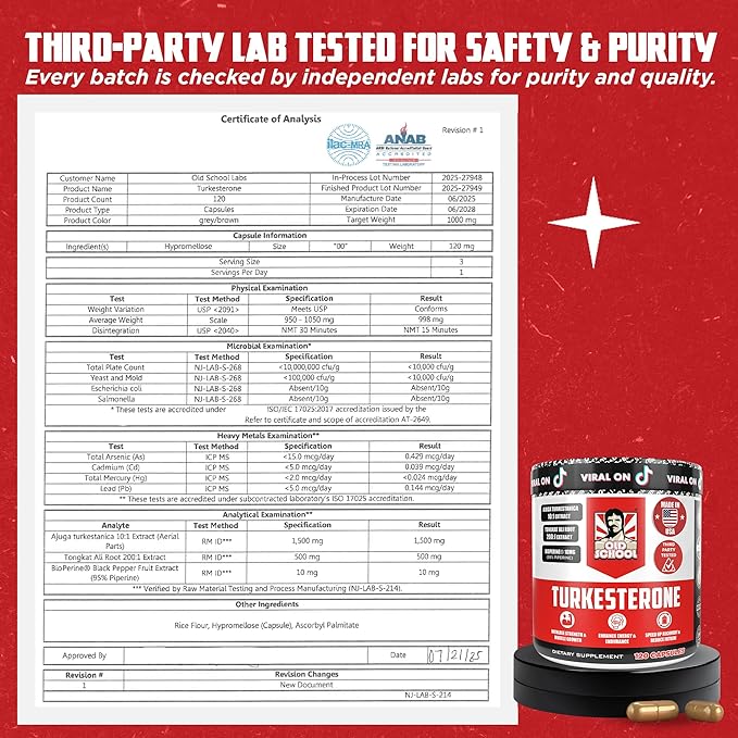 Old School Labs Testosterone Supplement for Men ??Turkesterone 1500mg Max Potency + Tongkat Ali & BioPerine® ??Muscle Growth, Recovery, Drive & Stamina ??120 Caps, 40 Servings