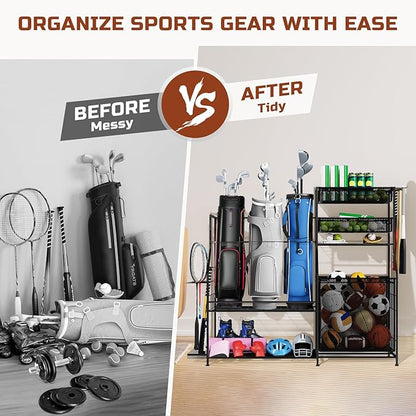 Garage Sports Equipment Organizer,3 Golf Bags Storage Stand,Heavy-Duty Ball Storage Rack with Basket and Hooks,Space-Saving Design for Toy Sports Gear Storage Indoor/Outdoor Use (Black)