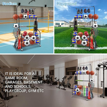 Sport euipment Storage, Garage Sports Equipment Organizer, Ball Storage Rack for Sport Gear, Rolling Sports Ball Storage Cart with Wheels, Indoor/Outdoor