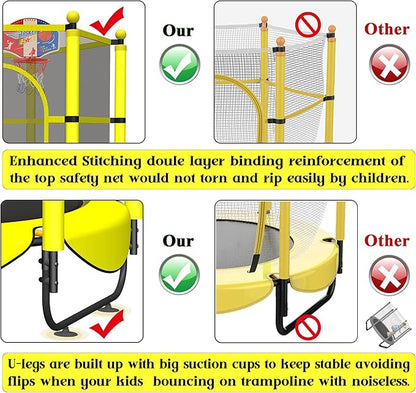 60" Trampoline for Kids, 5 FT Indoor & Outdoor Toddler Baby Trampoline with Basketball Hoop, Safety Enclosure, Birthday Gifts for Kids, Gifts for Boy and Girl, Age 3-8