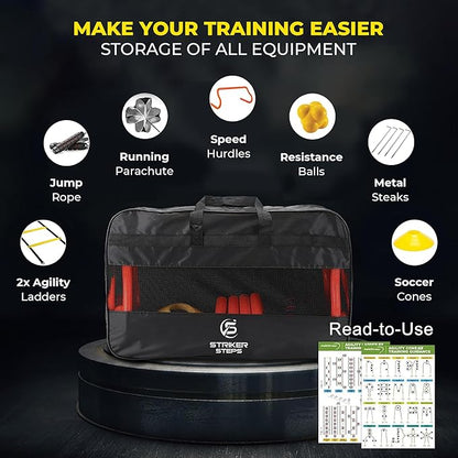 Agility Ladder Speed Training Equipment Set-2x 20ft Agility Ladder,12 Soccer Cones,4 Adjustable Hurdles, Jump Rope, Running Parachute| Basketball Football Soccer Training Equipment for Kids Adults