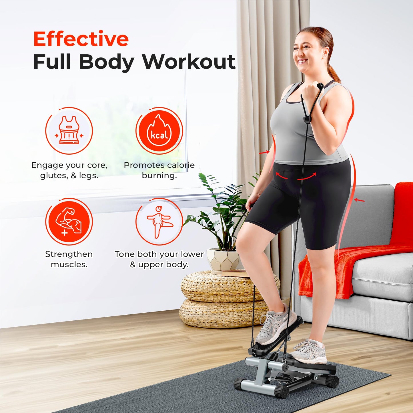 Sunny Health & Fitness Mini Stair Stepper with Resistance Bands for Cardio