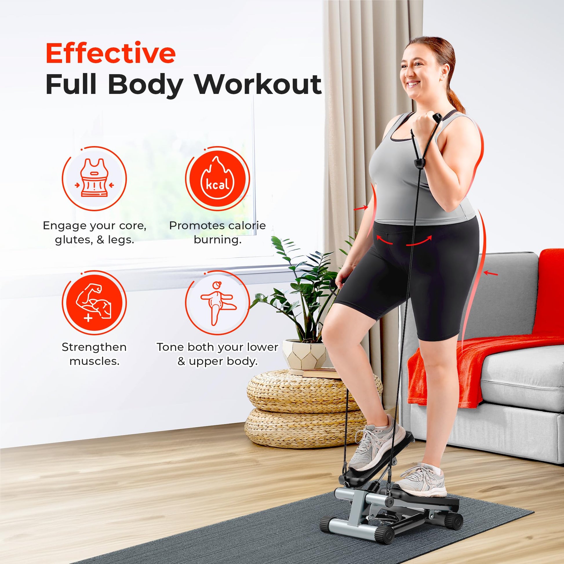 Sunny Health & Fitness Mini Stair Stepper with Resistance Bands for Cardio
