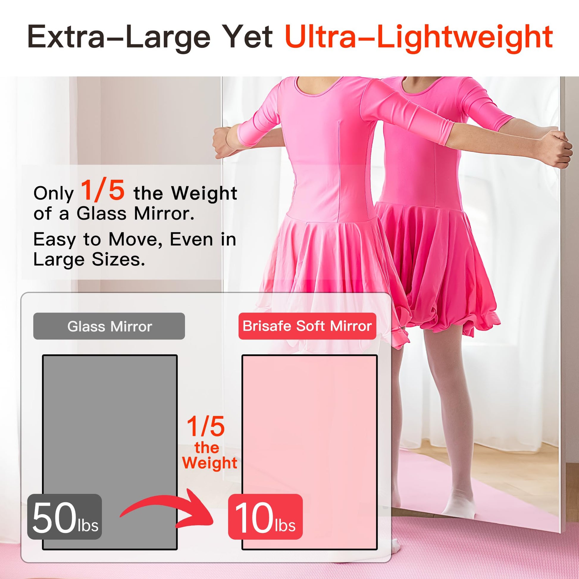 brisafe Rolling Full‑Length Gym Mirror with Wheels, 67" x 40"Oversized Shatterproof Nano Material
