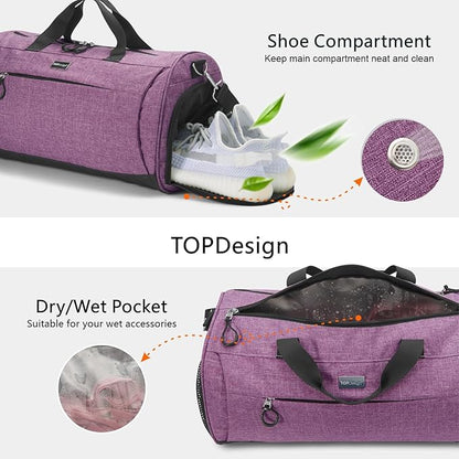 TOPDesign Gym Bag for Women & Men, Unisex Duffel Bag with Shoe Compartment & Wet Pocket for Travel Sports Gym (L Textured Purple)