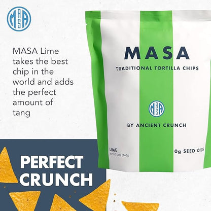 MASA Chips - Lime Flavored Tortilla Chips, Handmade Corn Chips & Crisps - Naturally Grown White Corn, Made with Grass Fed Tallow & Sea Salt - 2 Pack, 5 Ounce Each