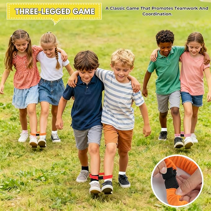 4-in-1 Outdoor Kids Party Games Set – Includes Hole Tarp Ball Game, Egg Spoon Race Game, 3 Legged Race Bands & Tail Tag Belts – Fun Team Building Backyard Carnival Birthday Games for Ages 5-12