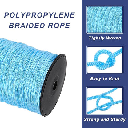MECCANIXITY 3/16 Inch Polypropylene Rope Braided Ropes, 328ft Nylon Rope Hollow Utility Cord for Clothesline, Camping, Hiking, Outdoor, Sky Blue