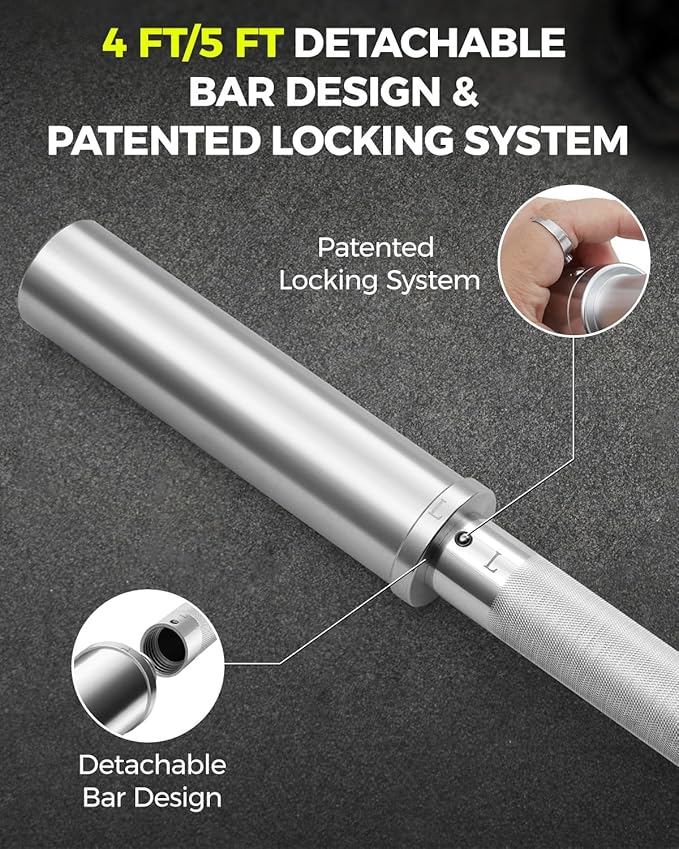 DASKING 4ft/4.9ft Barbell, 2-Inch Olympic Detachable Bar, Portable Strength Training Bar for Weightlifting, Squat, Bench Press, Home Gym, 450LBS, Includes Silent Collars