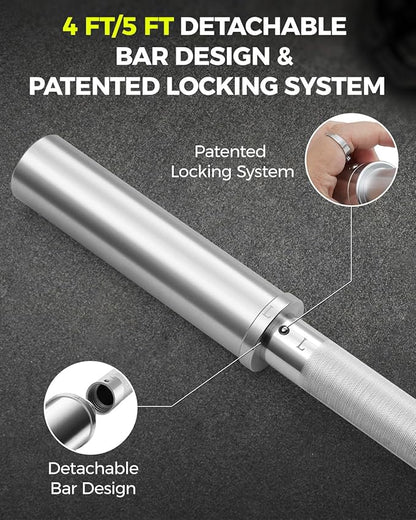 DASKING 4ft/4.9ft Barbell, 2-Inch Olympic Detachable Bar, Portable Strength Training Bar for Weightlifting, Squat, Bench Press, Home Gym, 450LBS, Includes Silent Collars