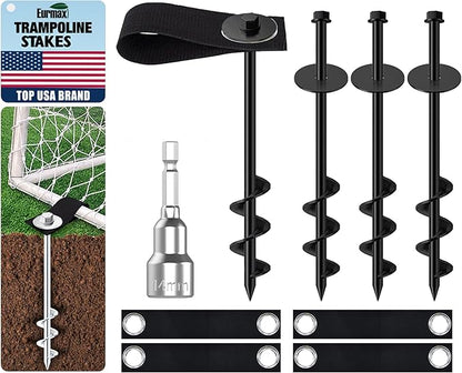 Eurmax USA Ground Anchors Screw in Trampoline Anchors High Wind Tent Stakes Heavy Duty Ground Stakes Trampoline Stakes Anchor Kit Set of 4 Bonus 4 Strong Belt (Black)