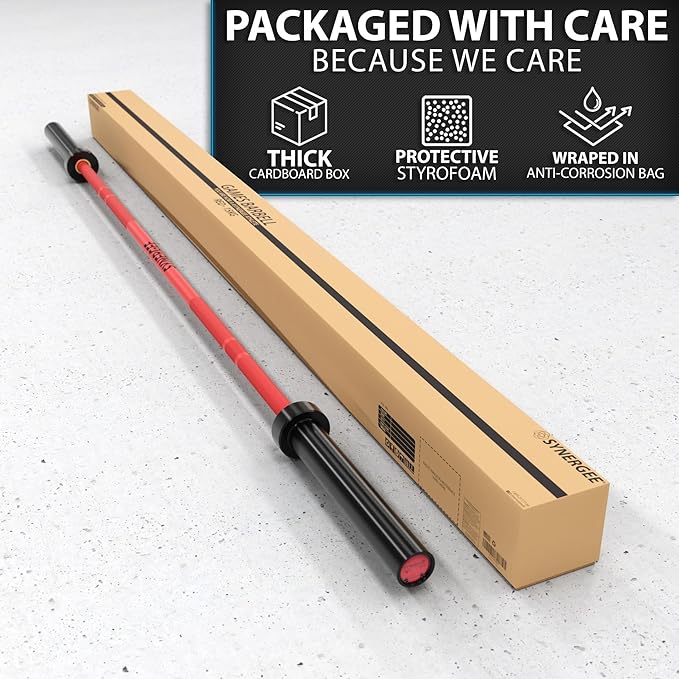 Synergee Games 15kg and 20kg Colored Ceramic Coated Barbells. Rated 1500lbs for Weightlifting and Powerlifting. Black, Red, Grey, Pink