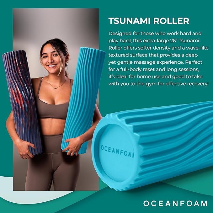 Oceanfoam Tsunami Roller (Miami Blue) - Soft, Textured Foam Roller for Physical Therapy, Back Pain, Exercise & Stretching - Wave Textured - Yoga, Athletics, Wellness - Extra-Large 26" x 5.9"