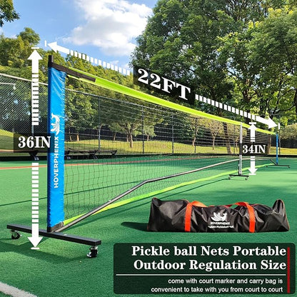 Hoverphenix Pickleball Net for Driveway, 22FT Regulation Size Pickleball Net with Paddles Set of 4, Pickleballs and Carry Bag for Outdoor Indoor Game