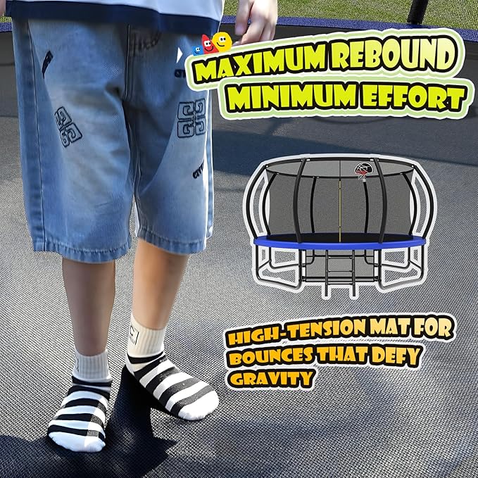 12 14 15 16FT Trampoline Outdoor with Basketball Hoop, Trampoline with Lights for Kids and Adults, Recreational Trampolin with Sprinkler, Stakes