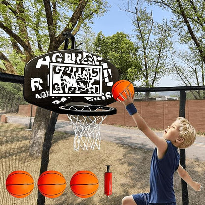 Trampoline Basketball Hoop Attachment, with 3 Mini Balls and Air Pump, Fits All Trampoline Models, Universal Accessories of All Ages, Height and Angle Adjustable