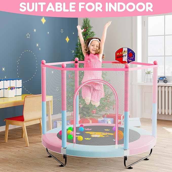 60" Trampoline for Kids, 5 FT Indoor & Outdoor Toddler Baby Trampoline with Basketball Hoop, Safety Enclosure, Birthday Gifts for Kids, Gifts for Boy and Girl, Age 3-8