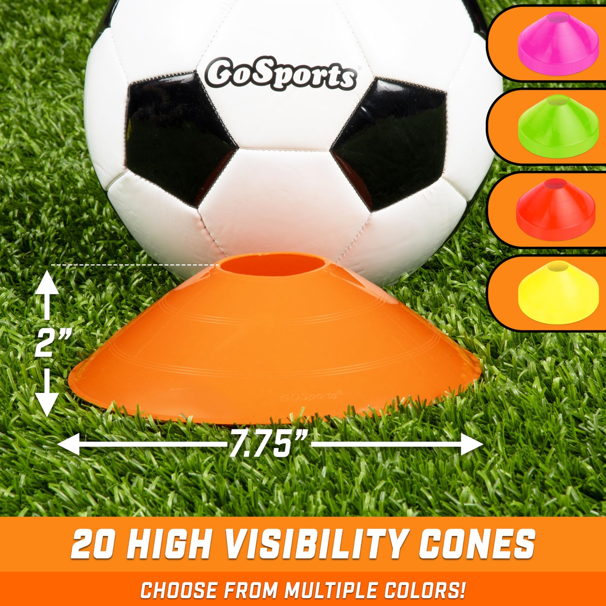 GoSports Agility Training Sport Cone 20 Pack with Tote Bag - Low Profile Field Markers for Kids and
