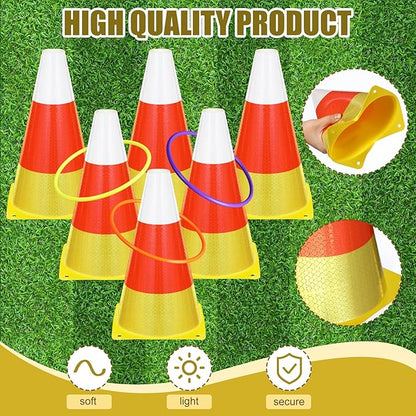 Leitee 6 Sets Candy Corn Ring Toss Game Plastic Cones Ring Toss Combo Set Mini Traffic Cones Toss Game for Sports Training Garden Backyard Outdoor Activities