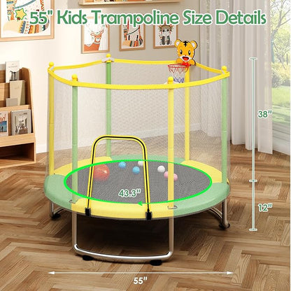 Kids Trampoline with Safety Net – 440lbs Capacity, Upgraded Rust-Proof Ring Legs, Adjustable Gymnastics Bar & Toys – Indoor Outdoor Toddler Trampoline for Boys & Girls Ages 1-8