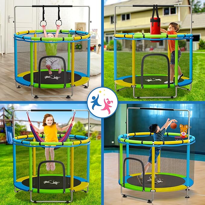 Toddler Trampoline for Kids Ages 3-8 - 5 ft Toddler Trampoline with Net, Basketball Hoop, Ocean Balls, Boxing Bag, Hammock - Indoor and Outdoor for Kids, Backyard