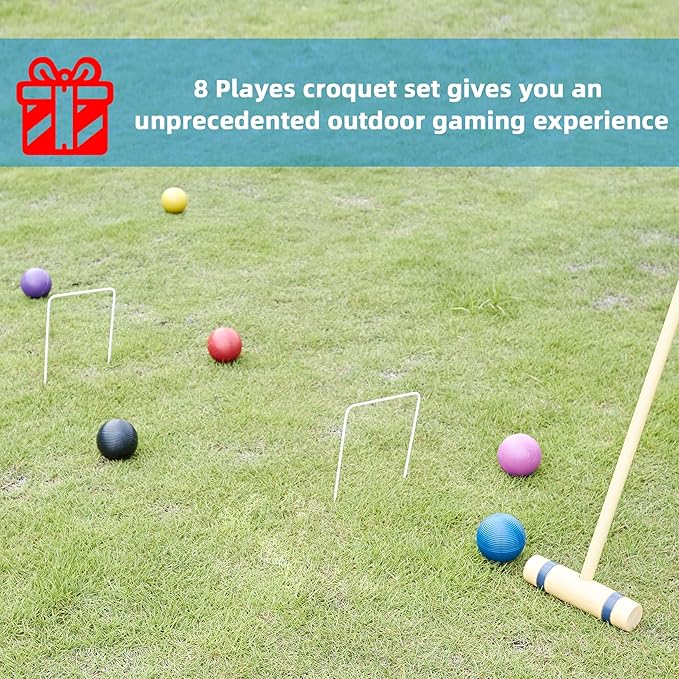 28In Croquet Party Set for 8 Players - Made of Long-Lasting Pine Wood, Family Fun for Backyards, Camping and More, Comes with Colorful Mallets, PE Balls, Wickets, Stakes, and Carrying Bag