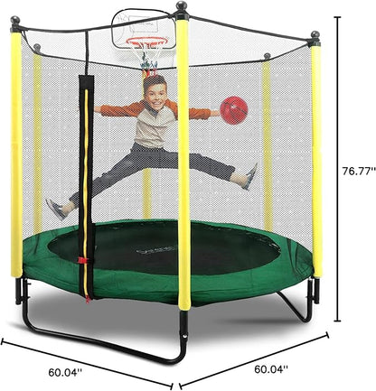 SereneLife 5FT Outdoor & Indoor Trampoline for Kids – Durable Mini Toddler Trampoline with Net Enclosure & Basketball Hoop - Supports 176 lbs, 60"x76"