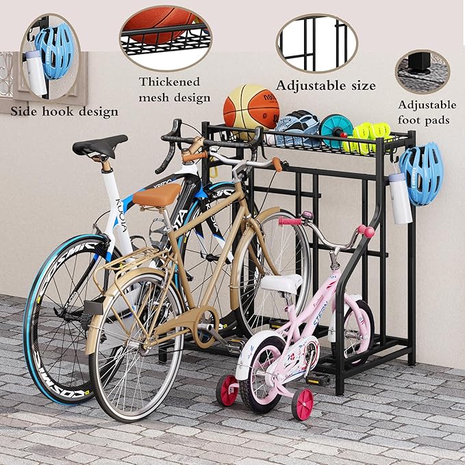 Bike Rack Storage Stand Organizer Floor Holds 3 Bicycle Parking Freestanding Adjustable Garage Indoor Outdoor Bike and Sports Storage Station, Black (3 Bike Stand)