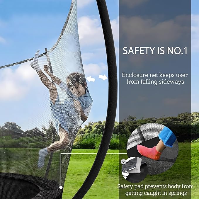 Soozier Trampoline Outdoor, Recreational Trampoline with Net Enclosure, Curved Poles and Safety Spring Cover for Kid Adults, ASTM Approved