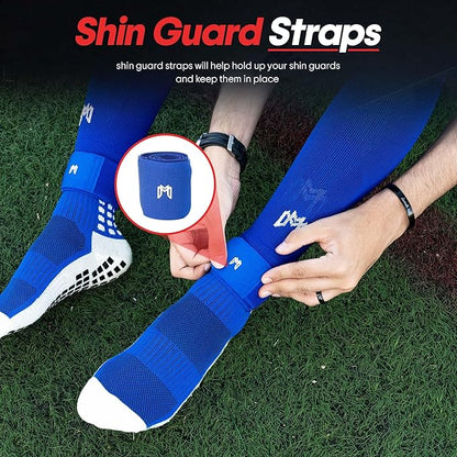 Soccer Grip Socks, Shin Guards, Pre Cut Sock Sleeves, and Guard Straps Bundle Pack - Essential Equipment for Soccer Players - for Mens, Women, Youth, Size 7 to 12 US Men Shoe Size
